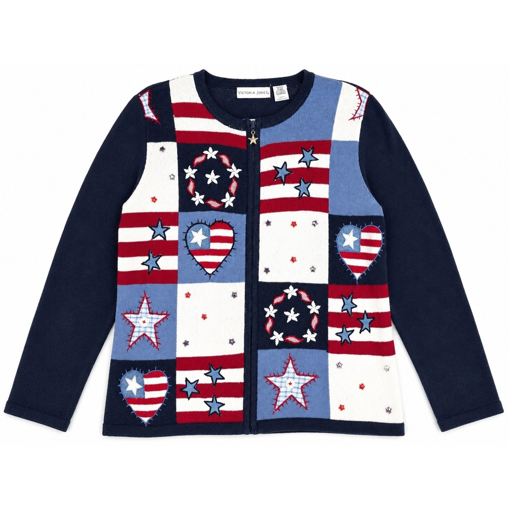 VTG 90s Americana Cardigan Women XL Blue Patriotic Star Patchwork Embroidered